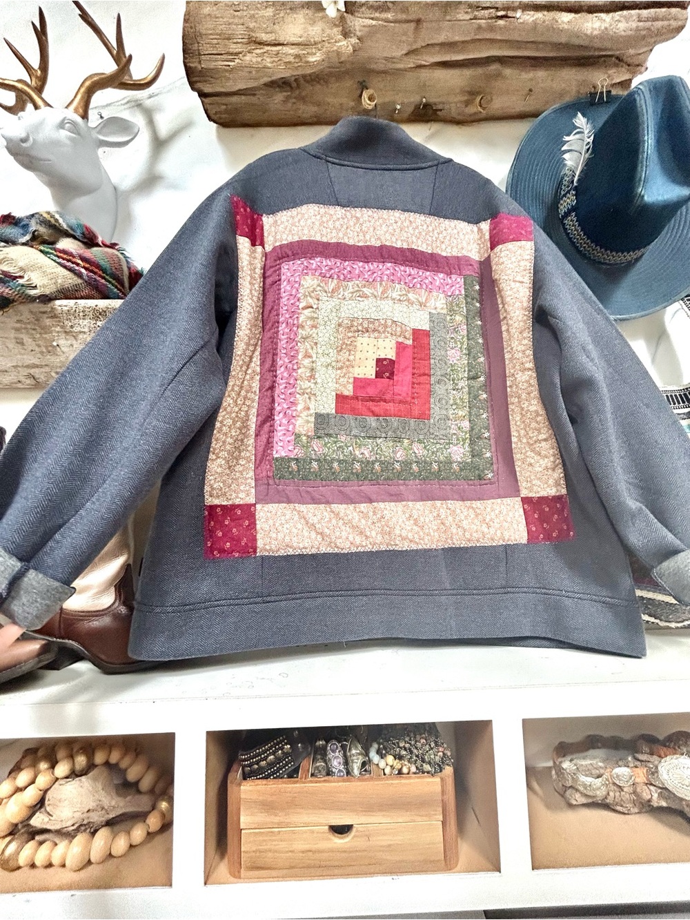 Artisan Quilted back patchwork zip up fall herringbone jacket w cottage vibe